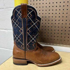 Alfa Western Brown Leather Pull On Cowboy Boots Size 26.5 EE Blue 26296